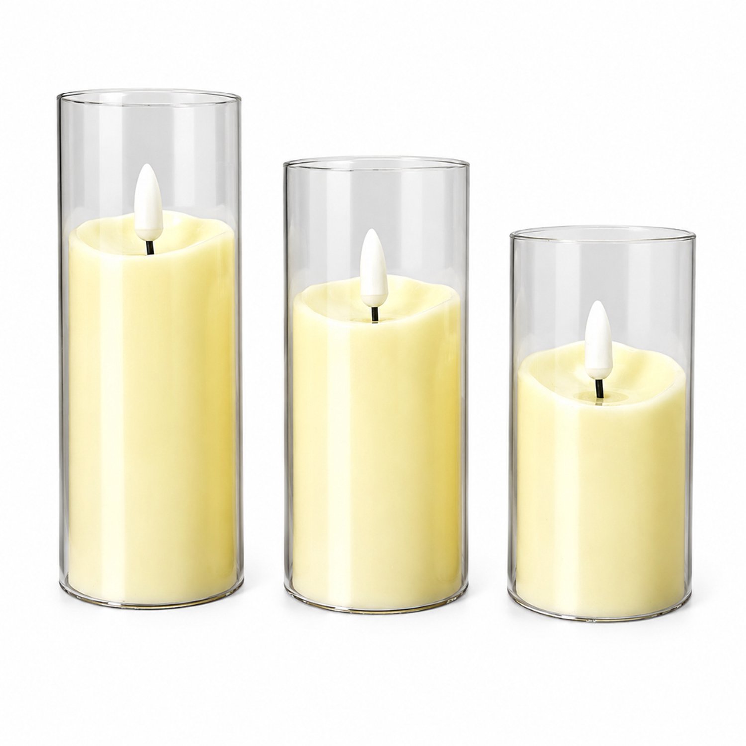 led kaarsen 5×10 cm met grijze glazen mantel, golvende kaarsbovenkant en puntvormige vlam, 12 per displaydoos
