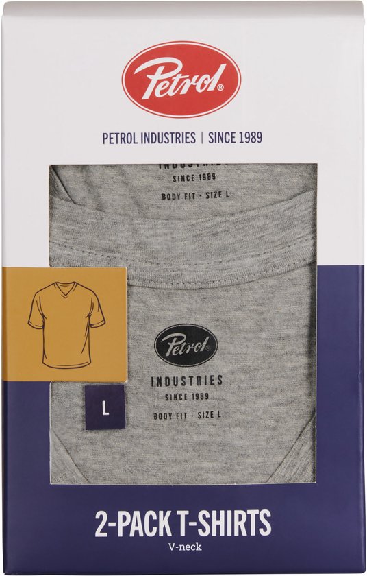 2-pack grijze Petrol Industries T-shirts met V-hals in verpakking, maat L, body fit.