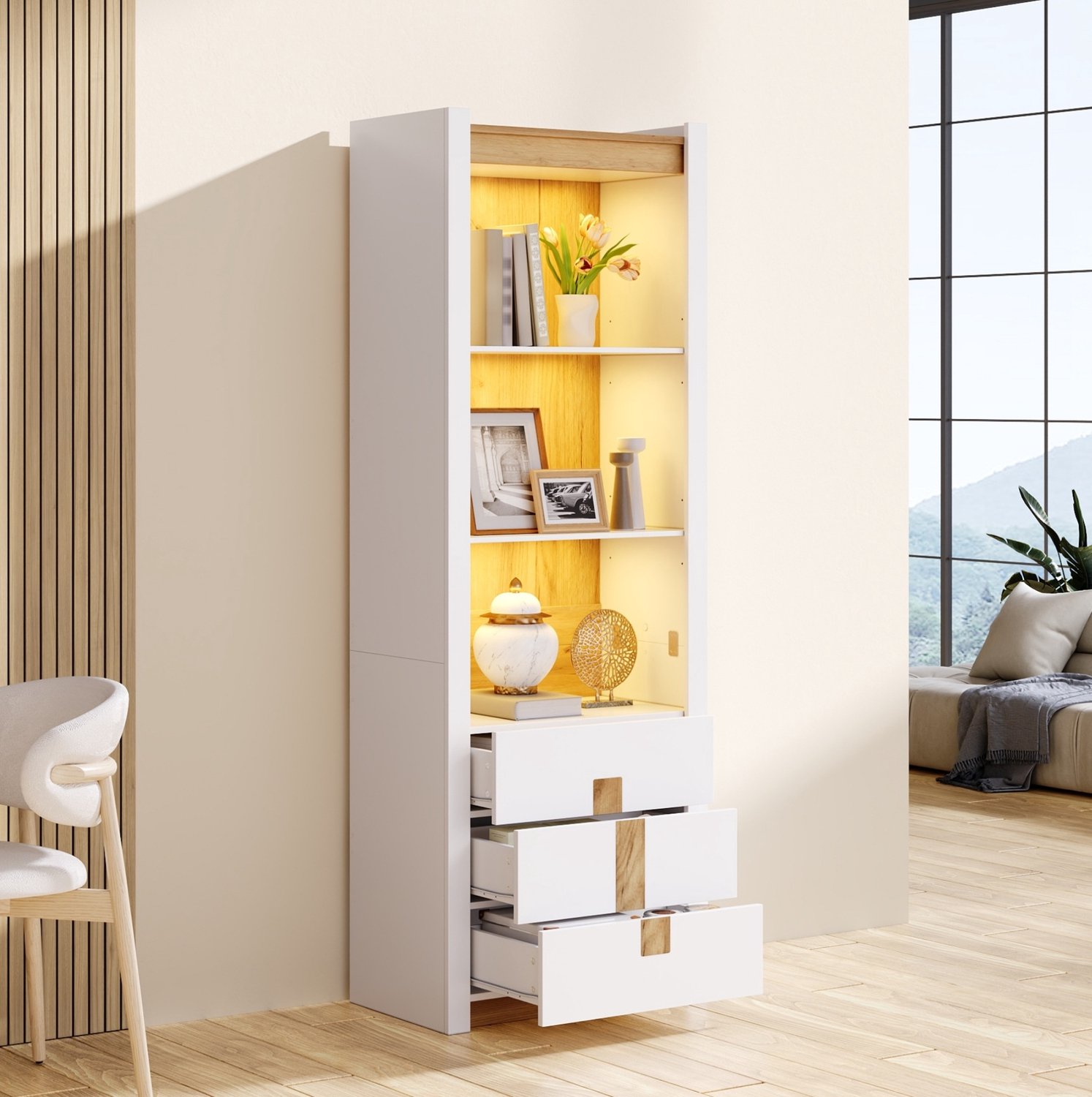 FloraGrace Boekenkast - Met Ledverlichting, 3 Lades En Verstelbare Planken - Voor Woonkamer Of Werkkamer - Spaanplaat - 63x41,5x200 Cm - Wit