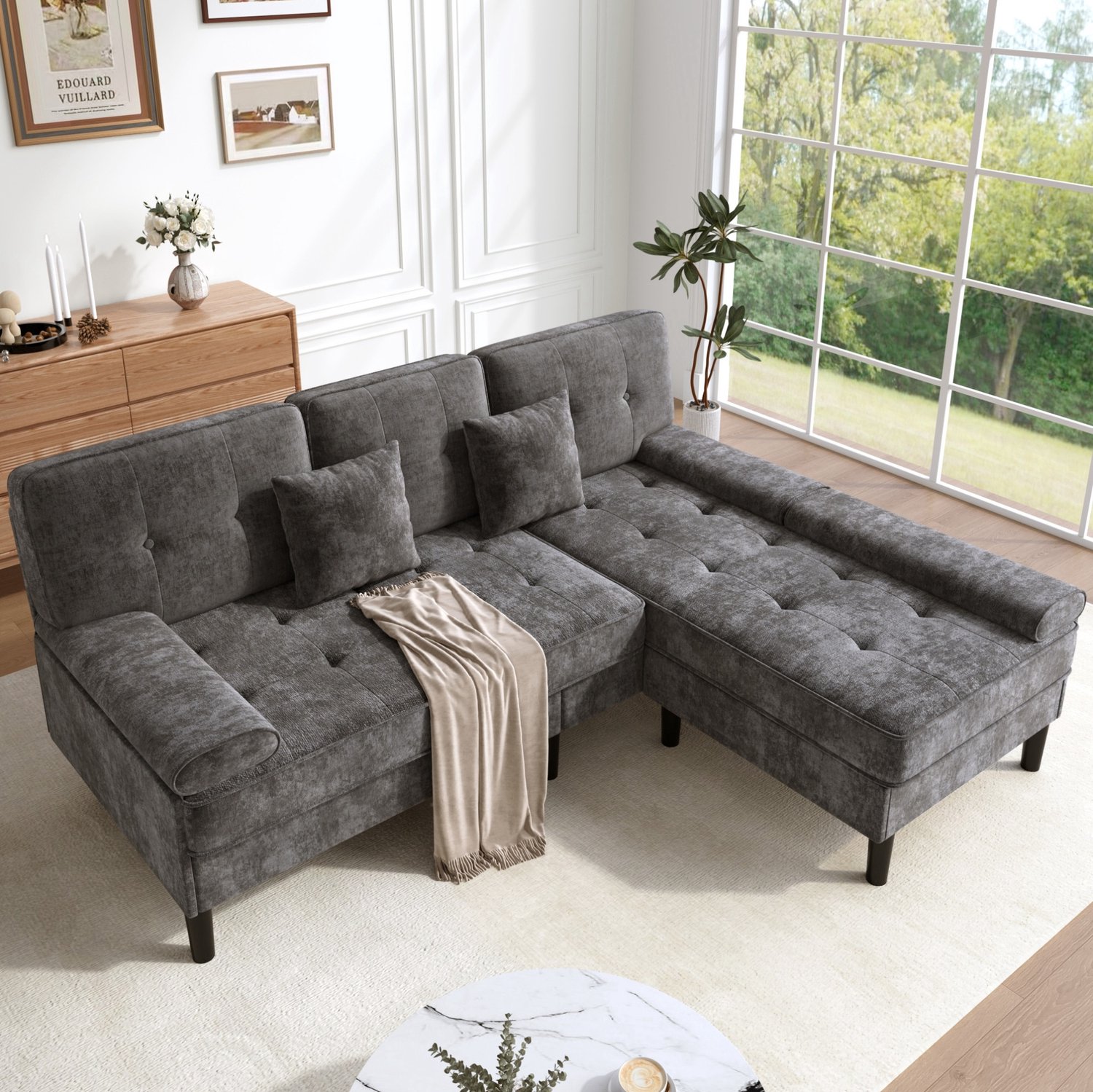 MIVRAY Hoekbank 195 Cm - Modulaire 3-Zits Met Verplaatsbare Voetenbank En Slaapfunctie - Voor Appartement En Woonkamer - Chenille Antiekgrijs