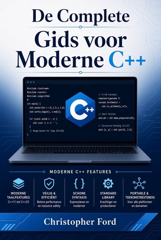Boekomslag: De Complete Gids voor Moderne C++ van Christopher Ford, met een laptop waarop C++ code en logo staan.