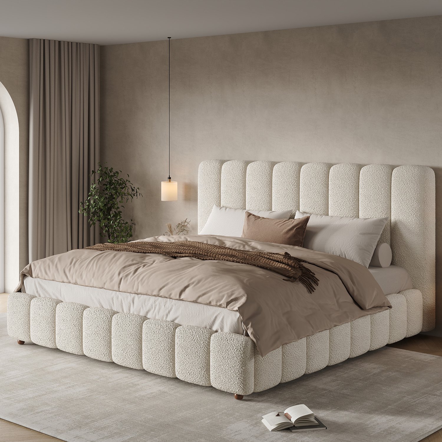 WUVRIE Gestoffeerd tweepersoonsbed 160x200 cm - Lattenbodem en bouclé hoofdbord - Wit