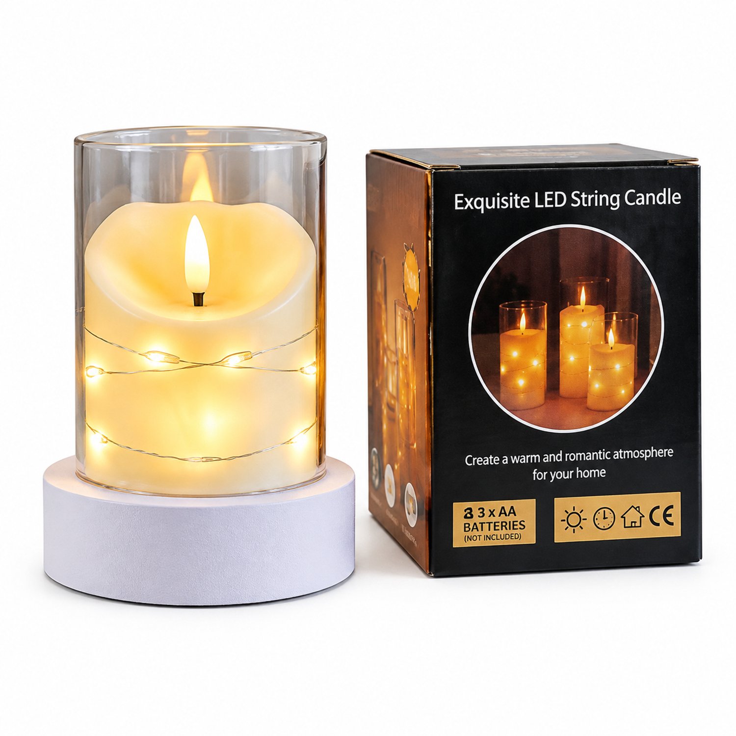 SWGOTA led kaarsen - kaarslamp van 7,5 x 10 cm met schuine bovenkant en decoratief lichtsnoer, voor binnen, zonder batterijen Bruin