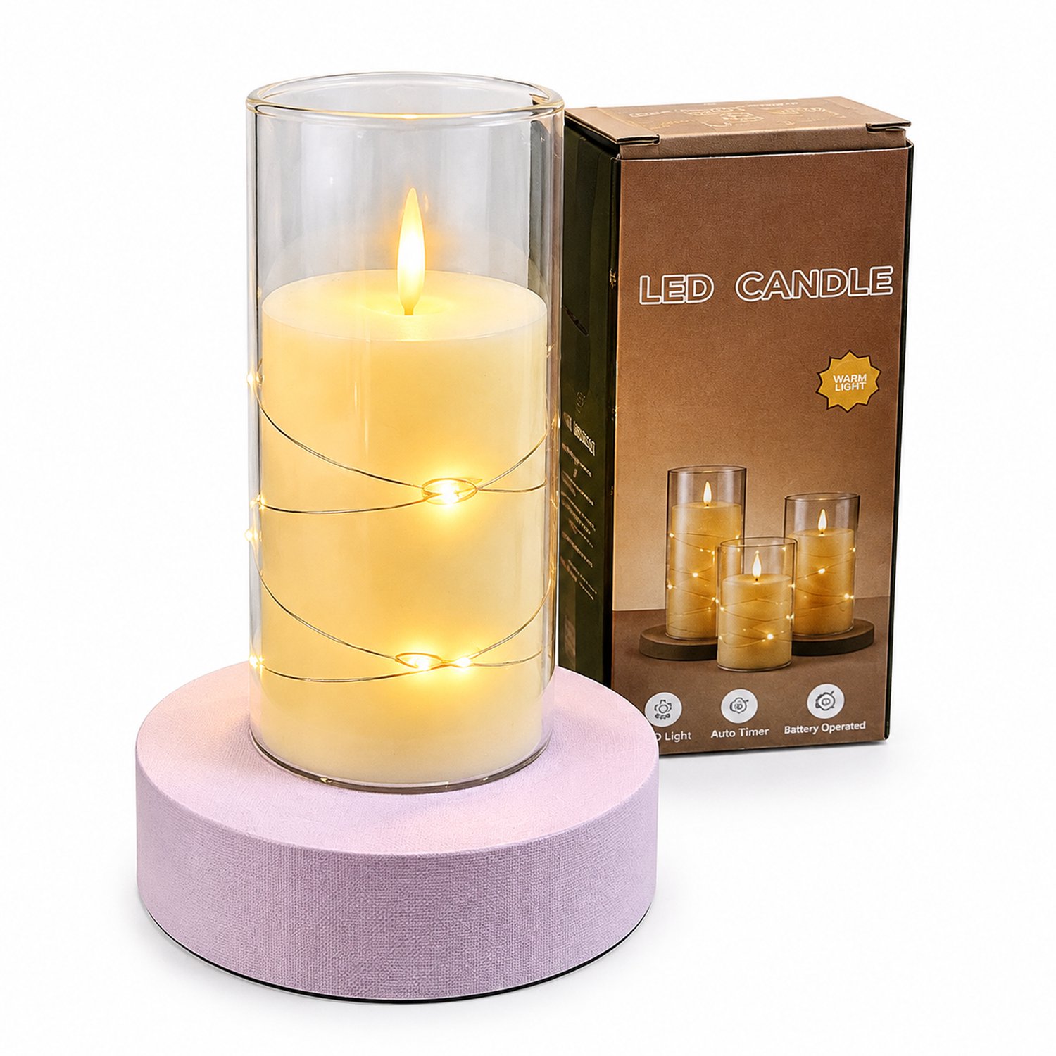 SWGOTA led kaarsen met bewegende vlam en decoratief lichtsnoer - 5,5 x 12,5 cm - inclusief batterij - in kartonnen doos Bruin