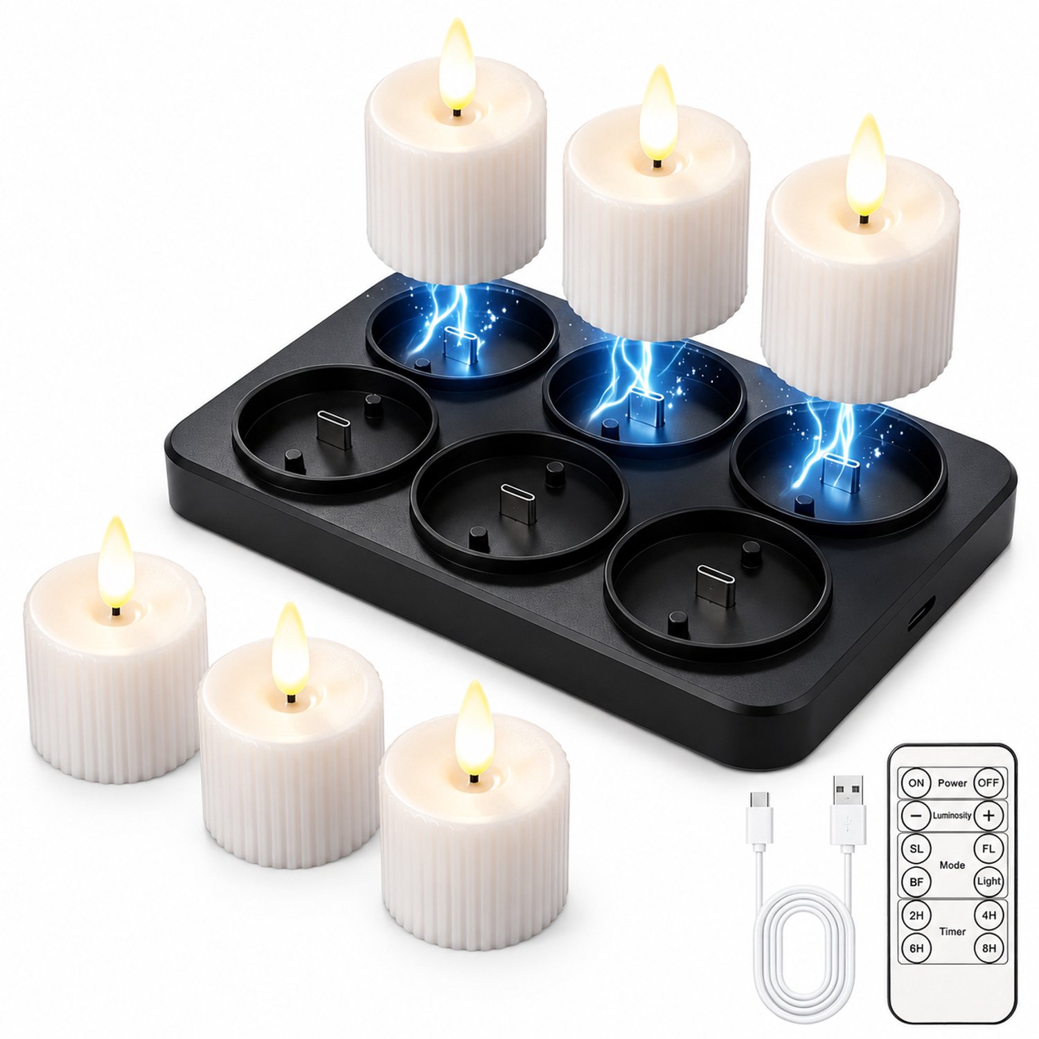 SWGOTA led kaarsen, set van 6 - oplaadbaar via Type-C, met afstandsbediening, witte geribbelde behuizing en zwarte laadvoet met 6 posities, inclusief laadkabel