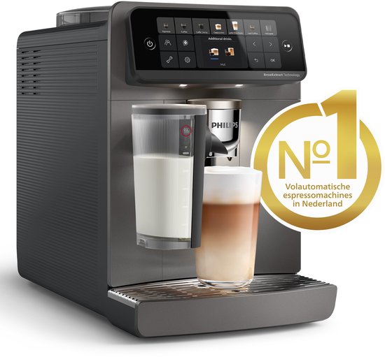 Philips volautomatische espressomachine met melkreservoir en glas latte. Nummer 1 in Nederland.