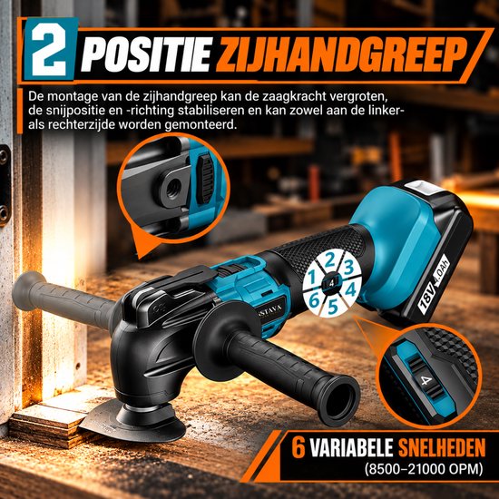 Instava multitool met zijhandgreep en 6 variabele snelheden (8500–21000 OPM) voor nauwkeurig werken.
