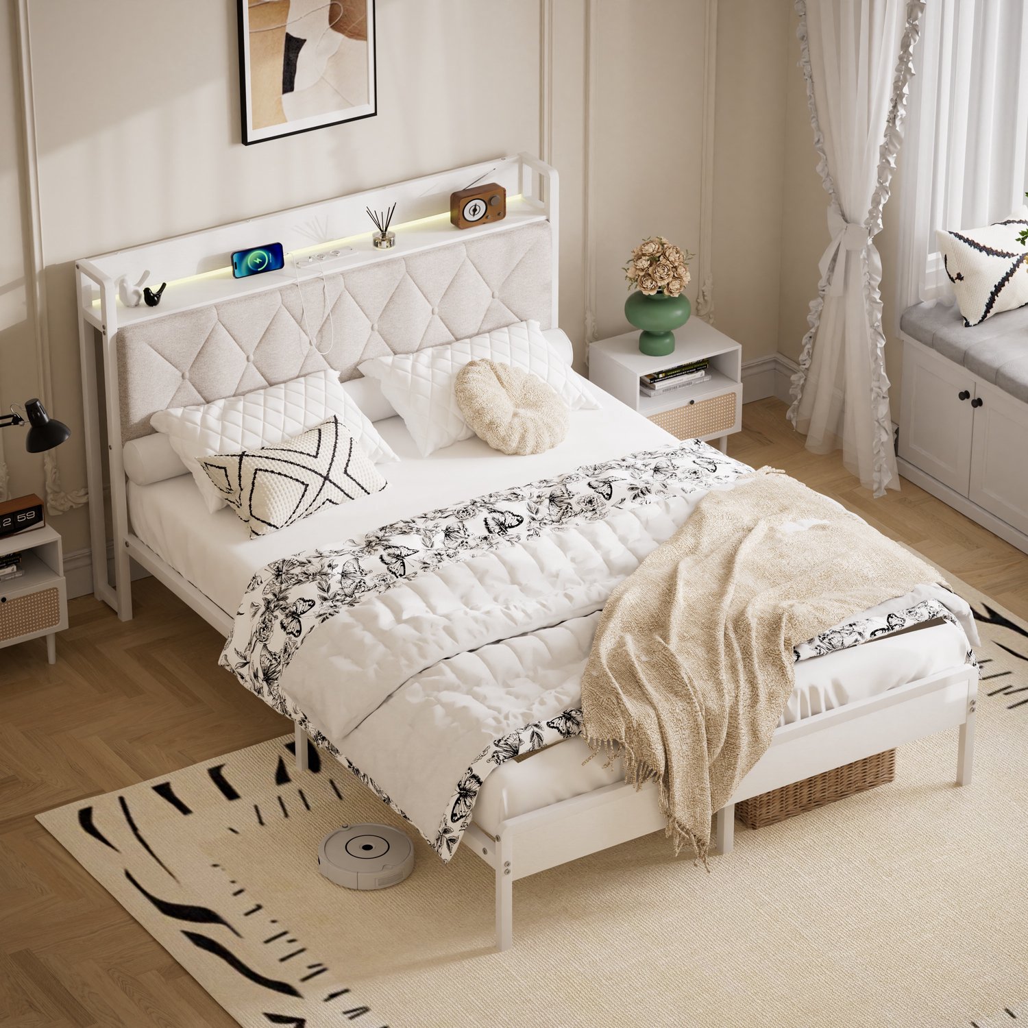 WUVRIE Tweepersoonsbed 140x190 cm - LED, 2 stopcontacten en 2 USB-aansluitingen - Wit