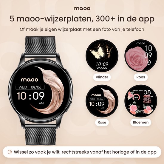 Keuze uit diverse wijzerplaten met thema's zoals vlinders, rozen en bloemen voor de zwarte smartwatch.