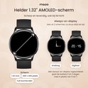 Heldere 1.32 inch AMOLED-scherminterface met weergave van analoge en digitale always-on-display opties.