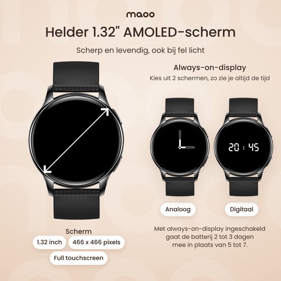 Heldere 1.32 inch AMOLED-scherminterface met weergave van analoge en digitale always-on-display opties.
