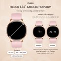 Rosé gouden smartwatch met 1.32 inch AMOLED-scherm, toont opties voor analoge en digitale wijzerplaten.
