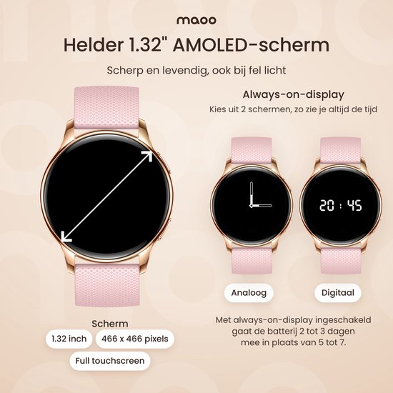 Rosé gouden smartwatch met 1.32 inch AMOLED-scherm, toont opties voor analoge en digitale wijzerplaten.