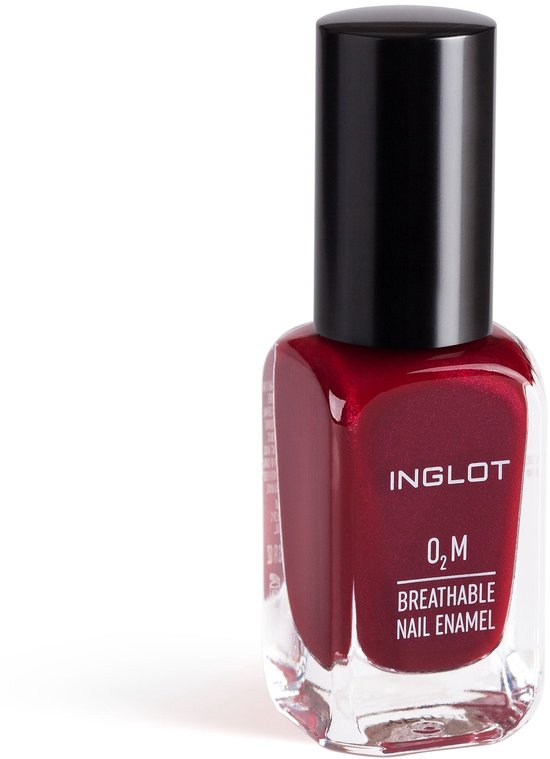 Flesje donkerrode Inglot O2M ademende nagellak met een zwarte dop.