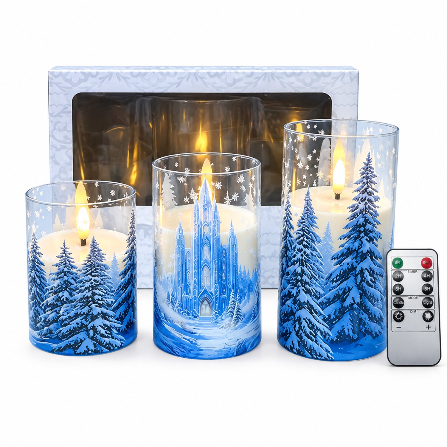 led kaarsen, set van 3, warm licht en vlamvorm, blauw-witte kasteelprint, met afstandsbediening, kunststof, doos met kijkvenster, zonder batterijen