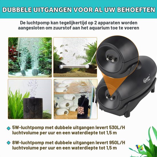 Aquarium luchtpomp, aquariumluchtpomp set met 2 luchtuitlaten, 5W/8W regelbare aquariumluchtpomp, vistank, luchtpomp met luchtslang, uitstroomsteen en terugslagklep — afbeelding 5