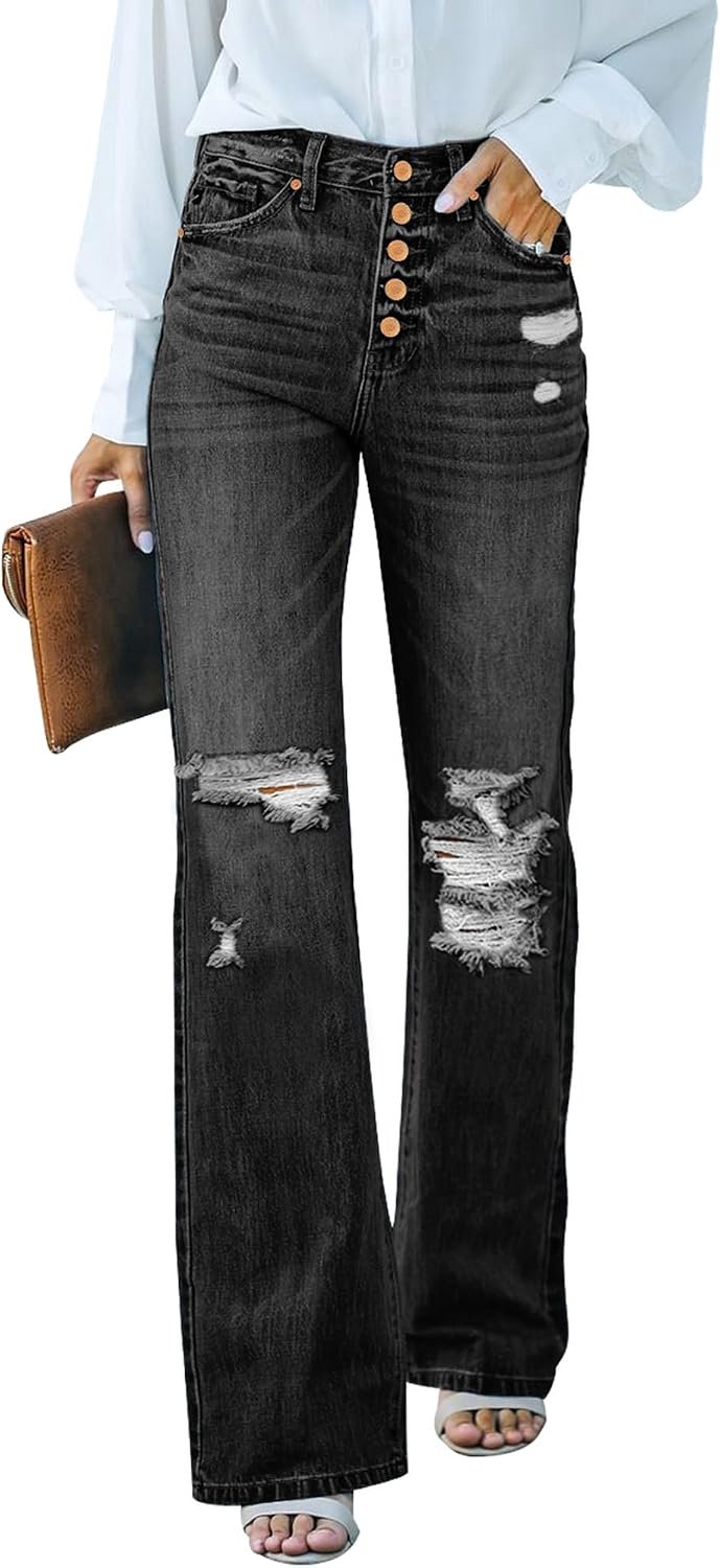 Jeans, hoge taille, wijd uitlopend met gaten