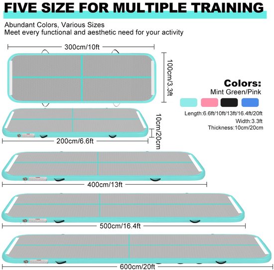 Opblaasbare turnmat, 2 m/3 m/4 m/5 m/6 m, 10 cm hoog, luchttrainingsmat met luchtpomp, voor familiegebruik, yoga, water, dans, 6 m x 1 m x 20 cm, groen — afbeelding 2