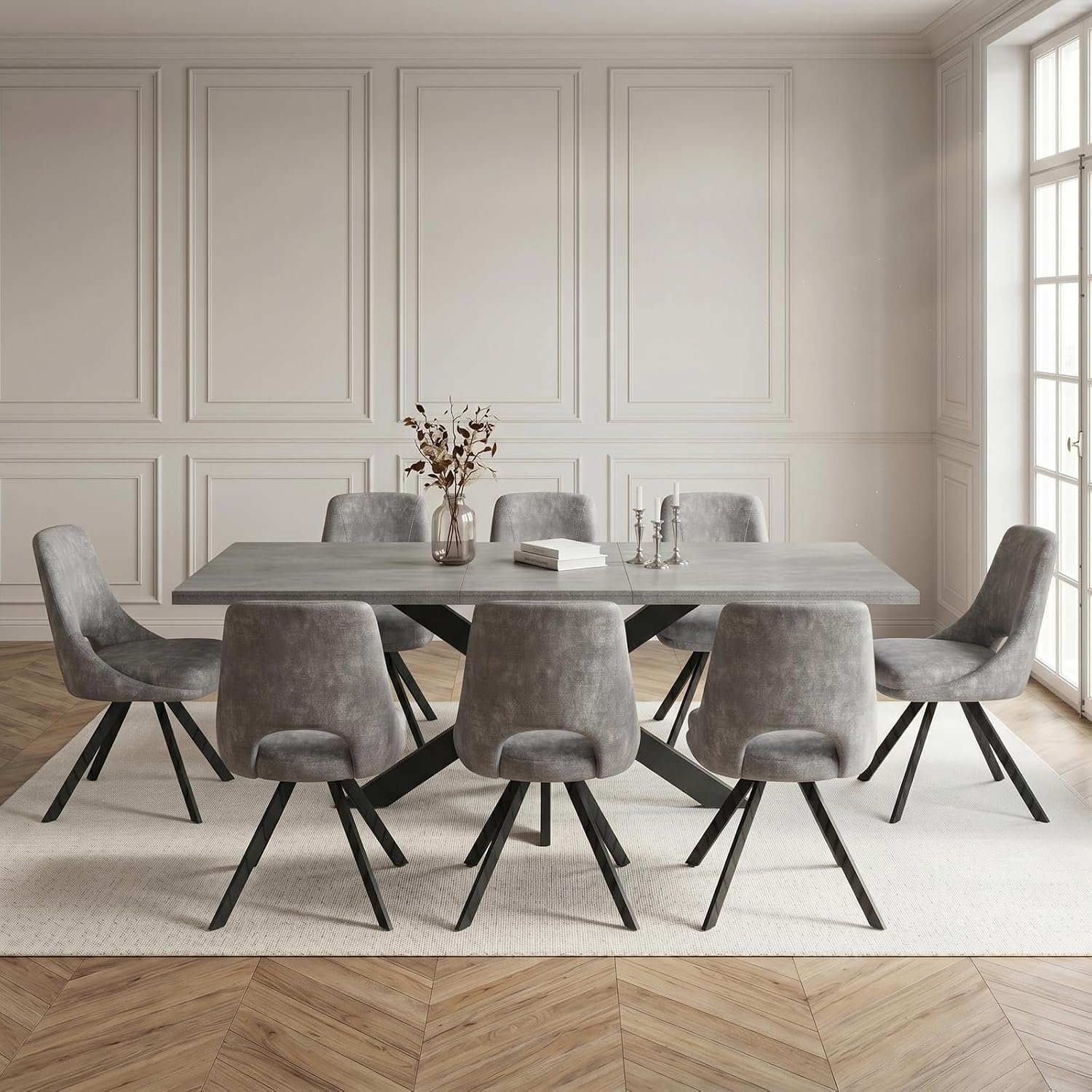 Uitschuifbare Eettafel met 8 Grijze Gestoffeerde Stoelen – Moderne Eetkamerset met Betonlook MDF Tafelblad en Zwart Metalen Onderstel, 160-200 x 90 x 76 cm