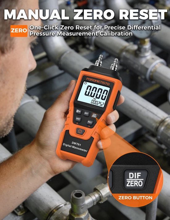 Digitale Manometer, Handmatige Kalibratie, Aangepaste Nulstelling, Realtime Meting, Max/Min/Gemiddelde Registratie, HVAC Manometer, 12-eenheden Gasdrukmeter, Differentiële Drukmeter — afbeelding 3