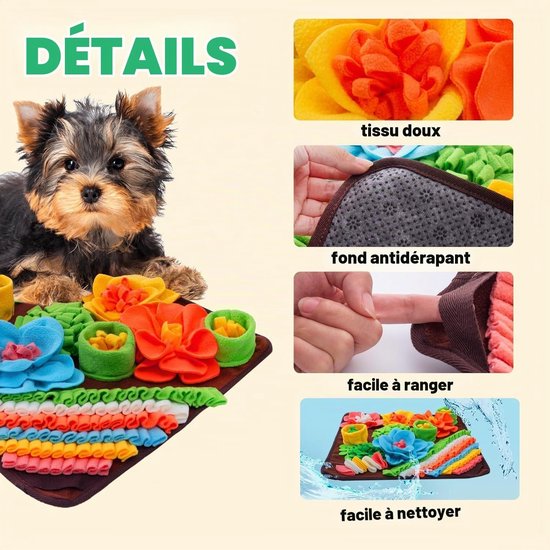 Details van de snuffelmat: zachte stof, antislip onderkant, opvouwbaar ontwerp en wasbaar materiaal met puppy.