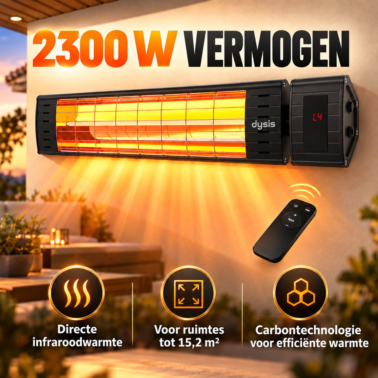Dysis Infrarood Terrasverwarmer, Infraroodstraler met Afstandsbediening - 2300W - 4 Warmtestanden - IP65 Stof- en Regendicht voor Binnen en Buiten, Elektrische Kachel voor Terras - Zwart – foto 5