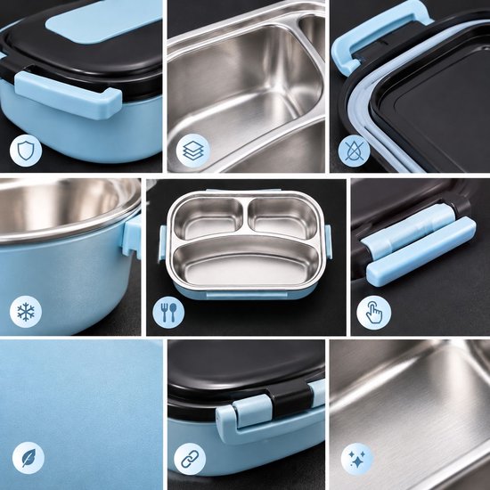 Thermische Lunchbox - 1 L - 23×17cm - Met 3 RVS Vakken - Geïsoleerde Voedselcontainer - Lekvrije Bento Box - Voor Kantoor,School en Onderweg - Blauw — cadeau in Koken & Dineren - foto 3