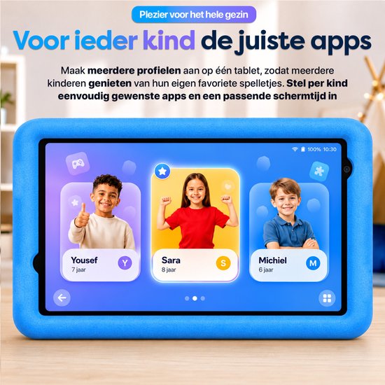 Kindertablet met drie profielen voor kinderen genaamd Yousef, Sara en Michiel, inclusief schermtijdinstellingen.