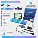 Overzicht van de inhoud van het AngelTech PRO MAX pakket inclusief tablet, hoes, stylus, oplader en accessoires.