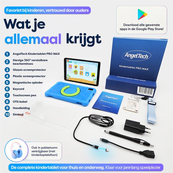 Overzicht van de inhoud van het AngelTech PRO MAX pakket inclusief tablet, hoes, stylus, oplader en accessoires.