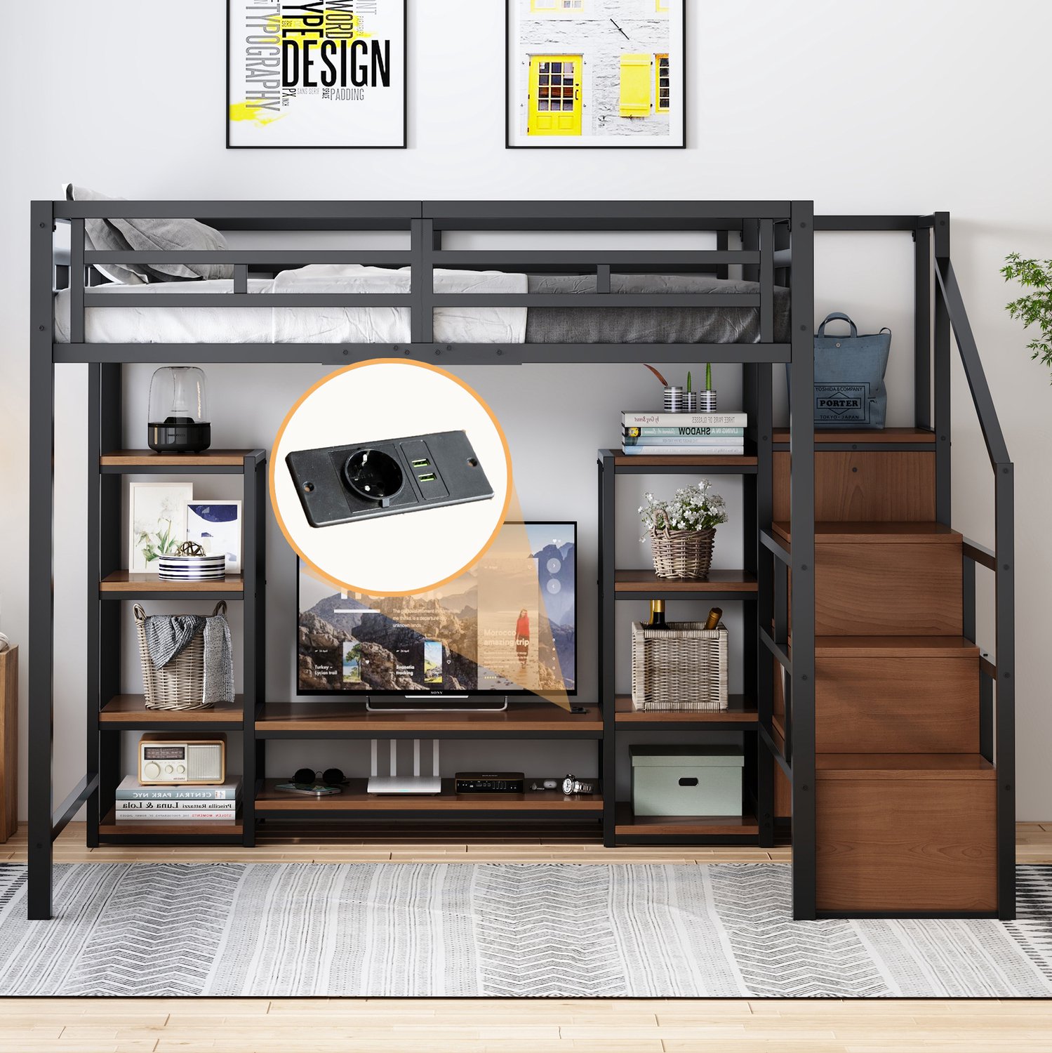 WUVRIE Hoogslaper 140x200 cm - Met tv-houder, stekkerdoos en opbergtrap - Zwart