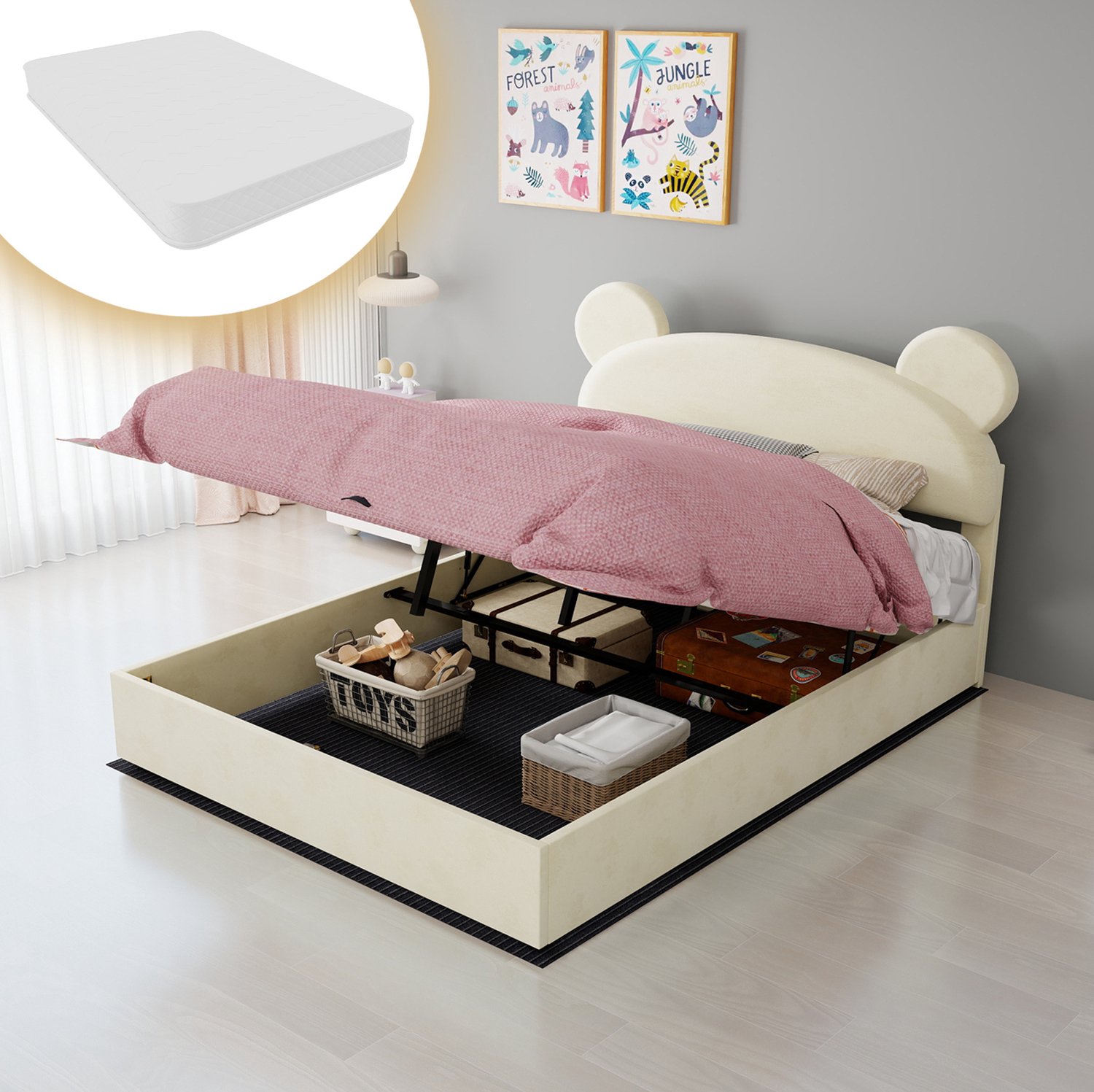 WUVRIE Opbergbed 140x200 cm - Gaslift en matras inbegrepen - Beige
