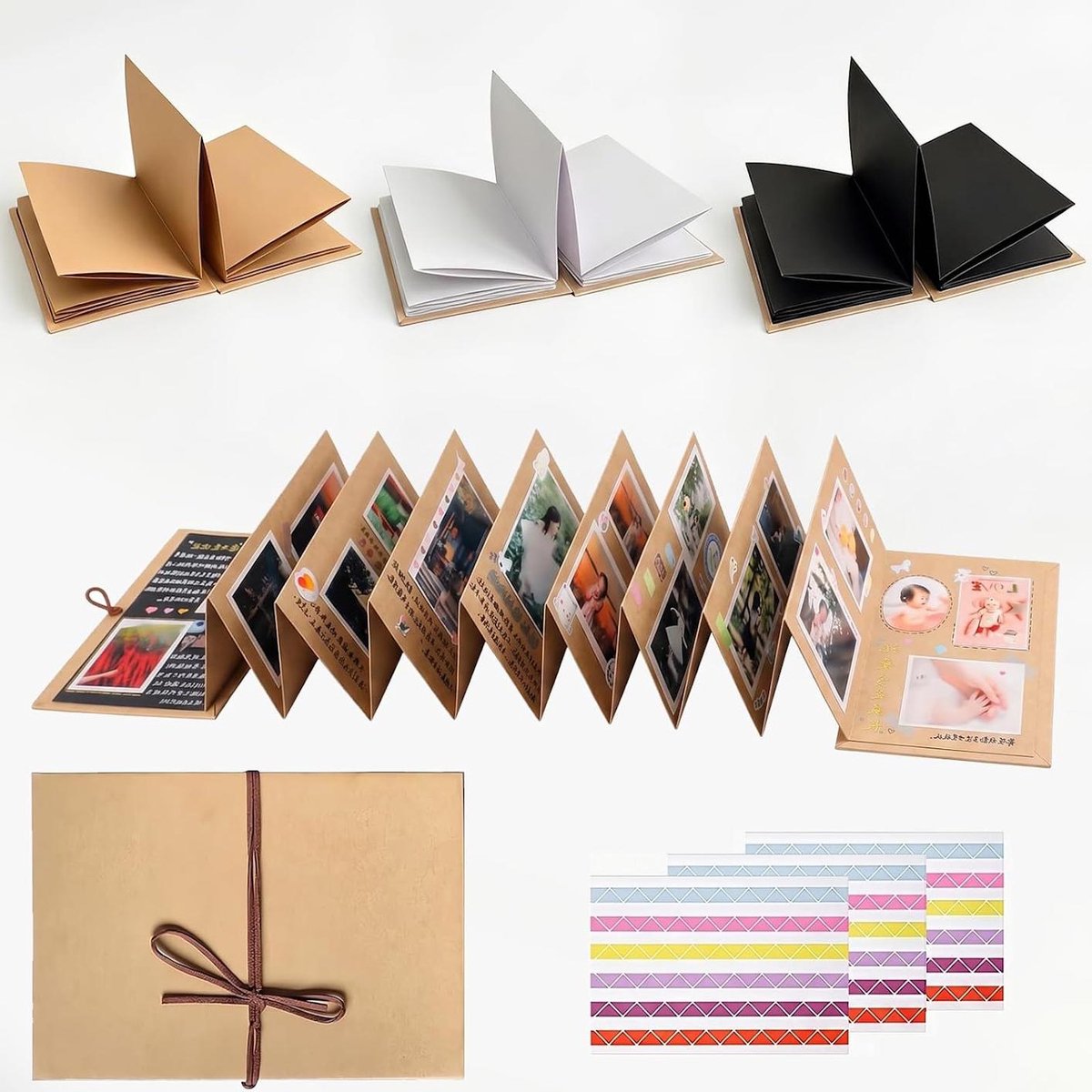 Leporello Fotoalbums - Set van 3 - Mini Fotoalbum van 15 cm voor Eigen Foto's - DIY Fotoalbum met Fotoplakkers - Uitvouwbaar Fotoalbum voor Afstuderen, Verjaardag, Bruiloft, Valentijnsdag en Kerst