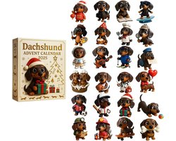 dachshund adventskalender 2026- 24 stuks - beige - acryl materiaal 2D- 5cm - schattige teckel figuren - kerst aftelkalender - kerstboom decoratie - geschikt voor hondenliefhebbers en kerstinterieur