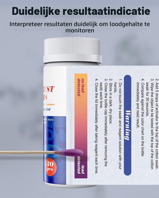 Lead Test Kit voor Thuisgebruik - 60 Stuks Snelle Teststaven met Reagent, Resultaat in 30 Seconden voor Oppervlakken, Tafelgerei en Speelgoed — afbeelding 4