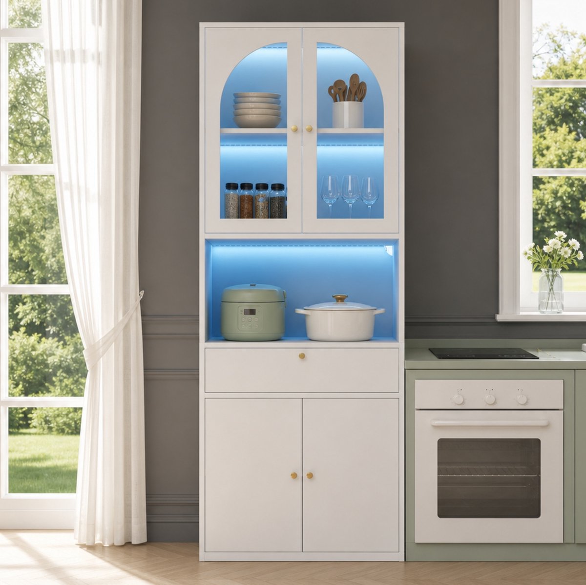 HAUSS SPOLE Vitrinekast - RGB Ledverlichting Met Appbediening - Met Glazen Deuren Voor Woonkamer En Kantoor - MDF En Glas - 70x35x180 Cm - Wit