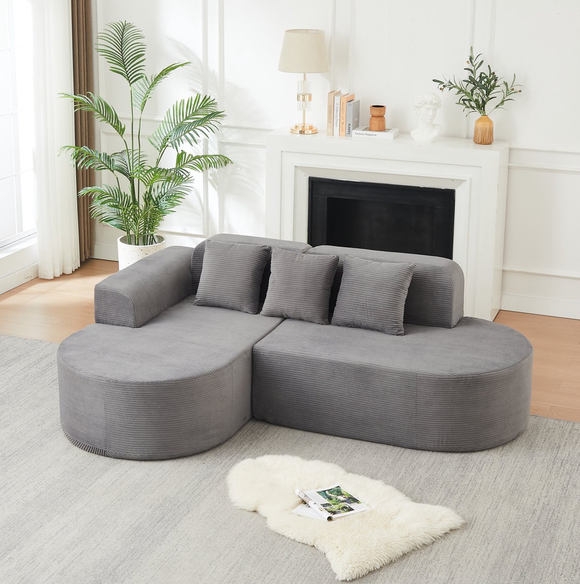 HAUSS SPOLE Hoekbank - Modulaire L-Vormige Bank Met 3 Kussens - Voor Woonkamer, Speelkamer En Loungeruimte - Ribfluweel Grijs