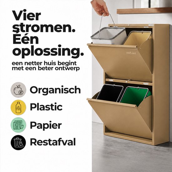 Veehaus afvalscheidingssysteem met 4 aparte bakken voor organisch, plastic, papier en restafval.