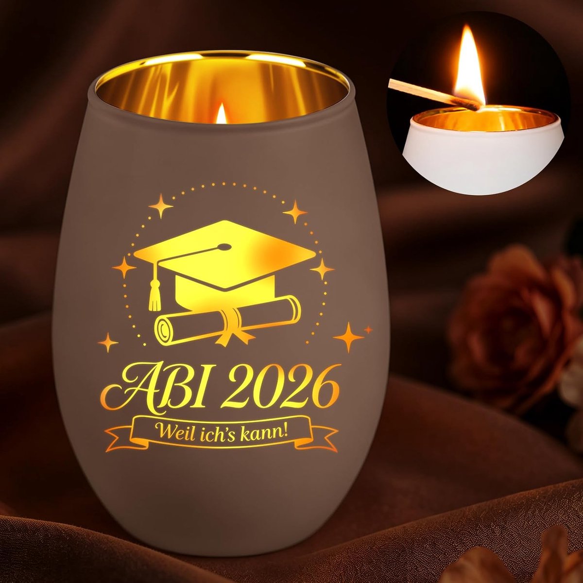 Windlicht glas, afstuderen 2026 geschenken, windlicht met gravure ABI 2026 Weil ich kann! (wit)