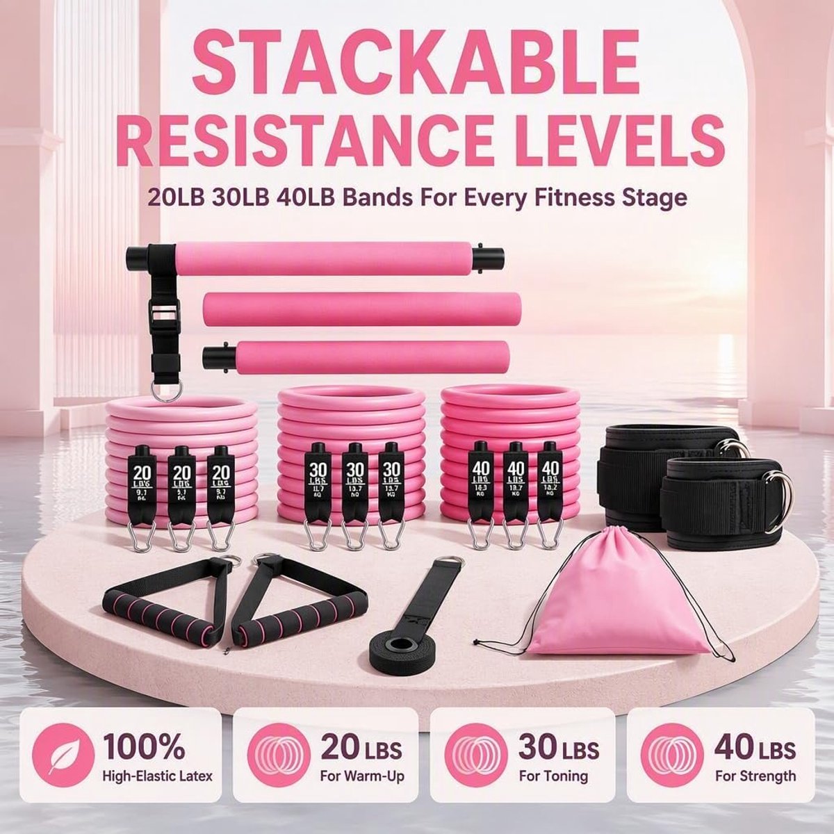 Pilatesbarset met 6 weerstandsbanden (9 kg, 13 kg, 18 kg), fitnessbanden voor vrouwen en mannen met pilates krachttraining thuis, voor thuis