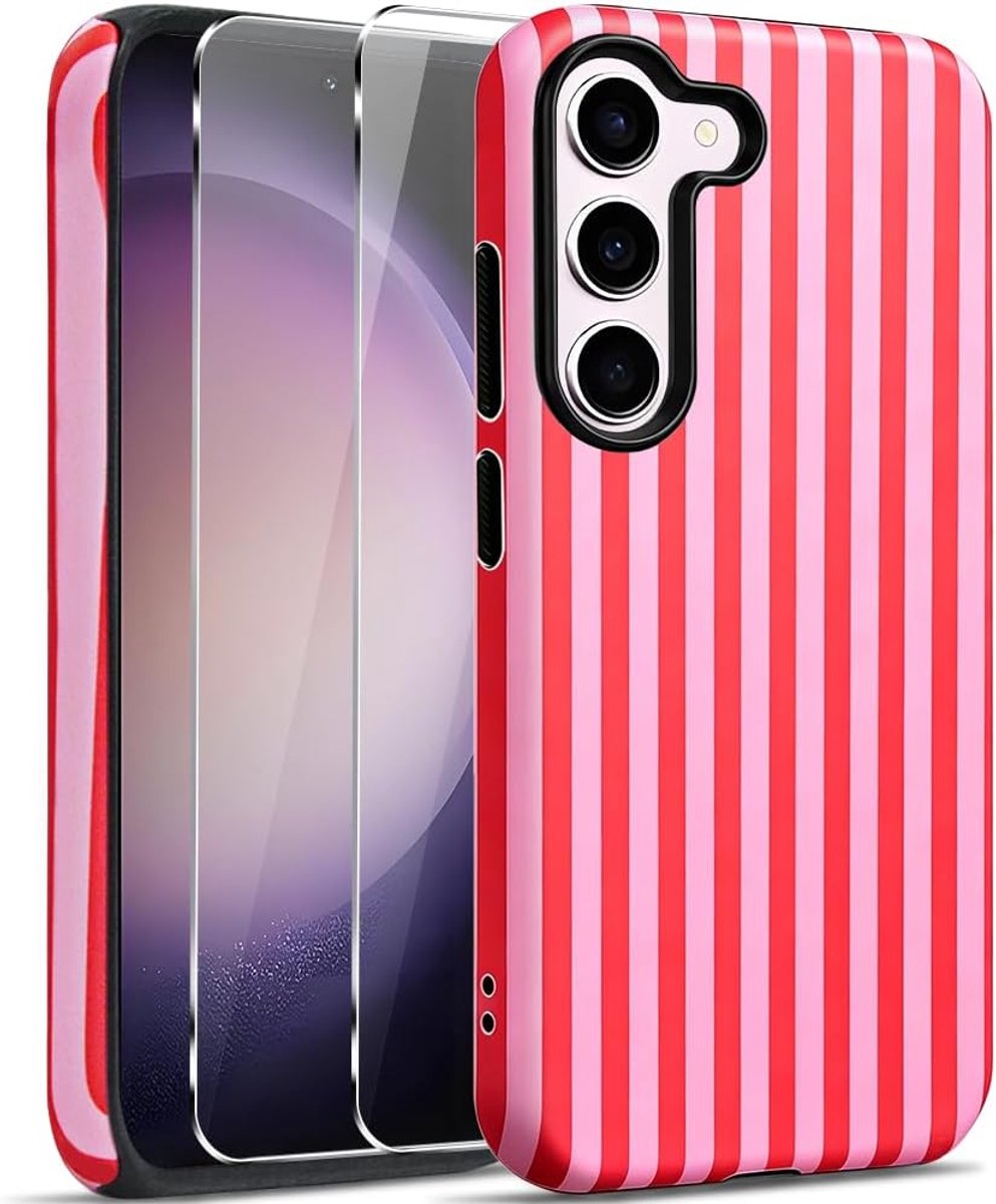 Beschermhoes voor Samsung Galaxy S23 met 2 stuks gehard glas, hard PC + TPU dual layer hybride, esthetische strepen, patroon, beschermhoes voor vrouwen en meisjes