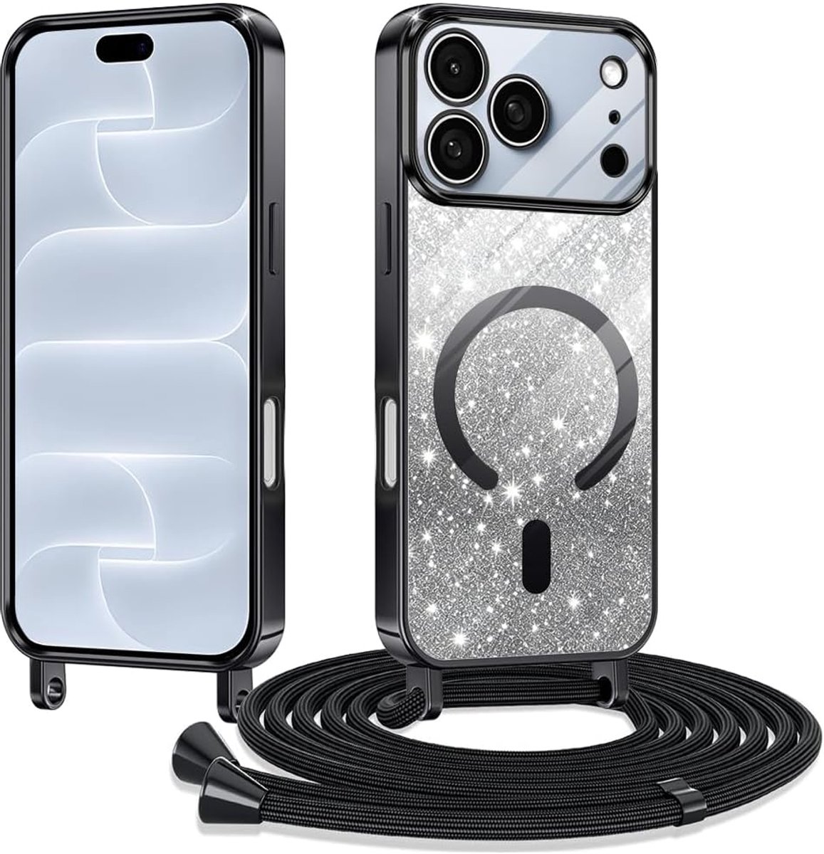Beschermhoes voor iPhone 1 Procon koord, transparant verzinkt met glitter aan de binnenkant, pure siliconen, zacht, schokbestendig, geïntegreerde lus, zwart