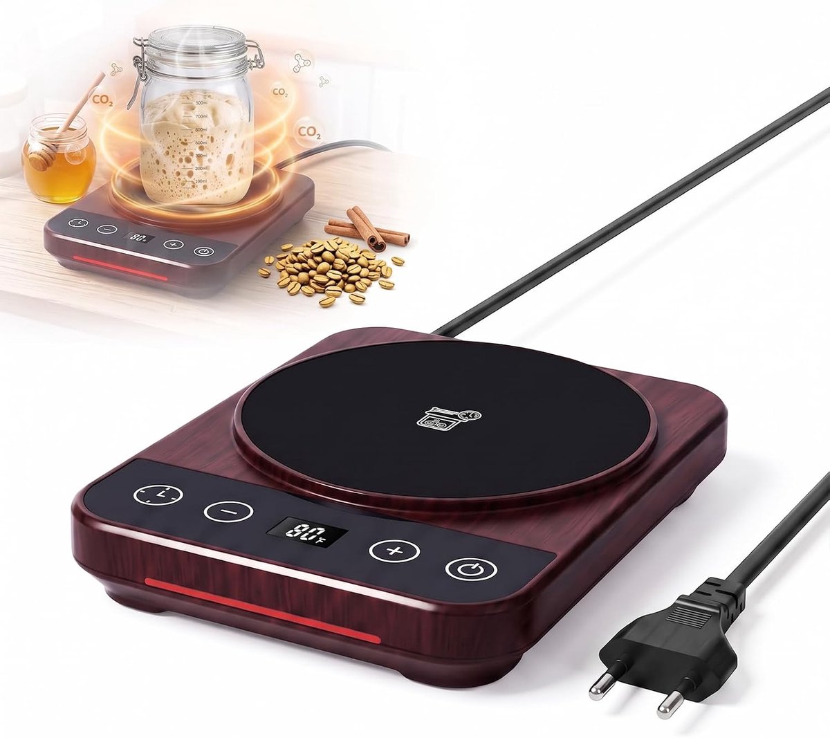 21 ℃-38 ℃ warmteplaat, nauwkeurige 1 ℃ thermostaat, warmtemat, zuurdeeg met 12-uurs timer en geheugenfunctie, intelligente verwarmer voor biergisting, yoghurt en kombucha