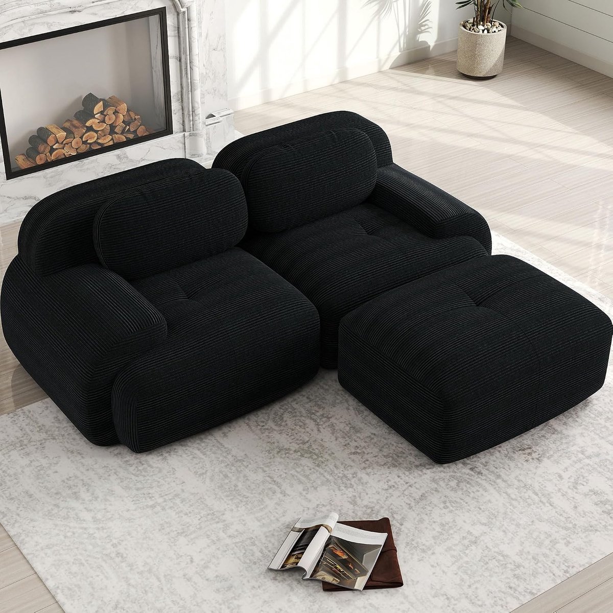 Hoekbank van corduroy, frameloze L-vormige bank met 32D koudschuim, gebogen armleuningen en antislip onderkant, montagevrij, loungebank voor woonkamer en slaapkamer, zwart