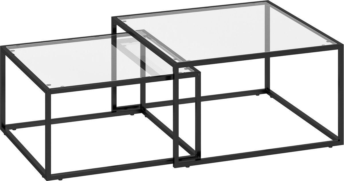 Homona Salontafelset - 2-delig - Van gehard glas en metaal - 75 x 75 x 42 cm en 65 x 65 x 36 cm - Zwart