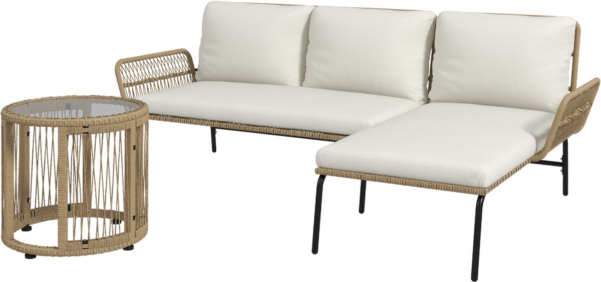 Sunona Tuinmeubelset 3-delig - Loungebank met chaise longue en salontafel - PE-rotan - Weerbestendig - Inclusief kussens - Crèmewit