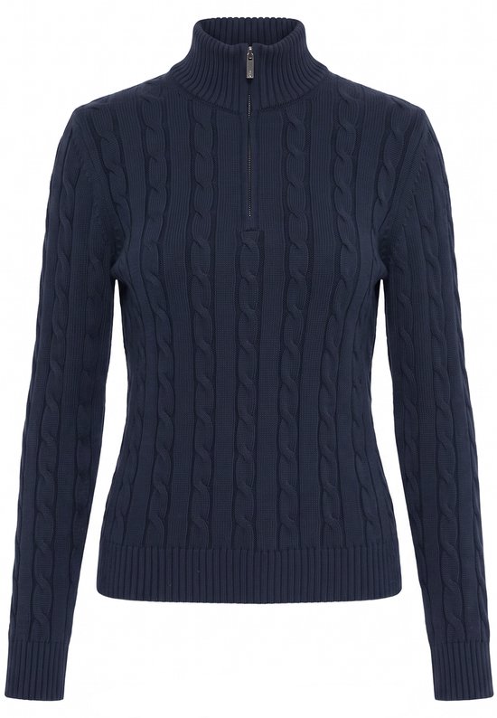 Donkerblauwe kabeltrui met ritskraag, op witte achtergrond.