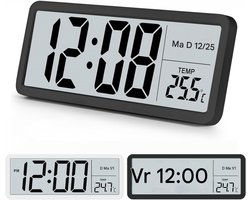 Digitale Wanduhr - Digitale Klok - Muurklok - Temperatuurweergave - Stille Non-Ticking Functie - Kunststof - 12/24 Uur Schakelaar - Ideaal Voor Slaapkamer - 1 Stuk