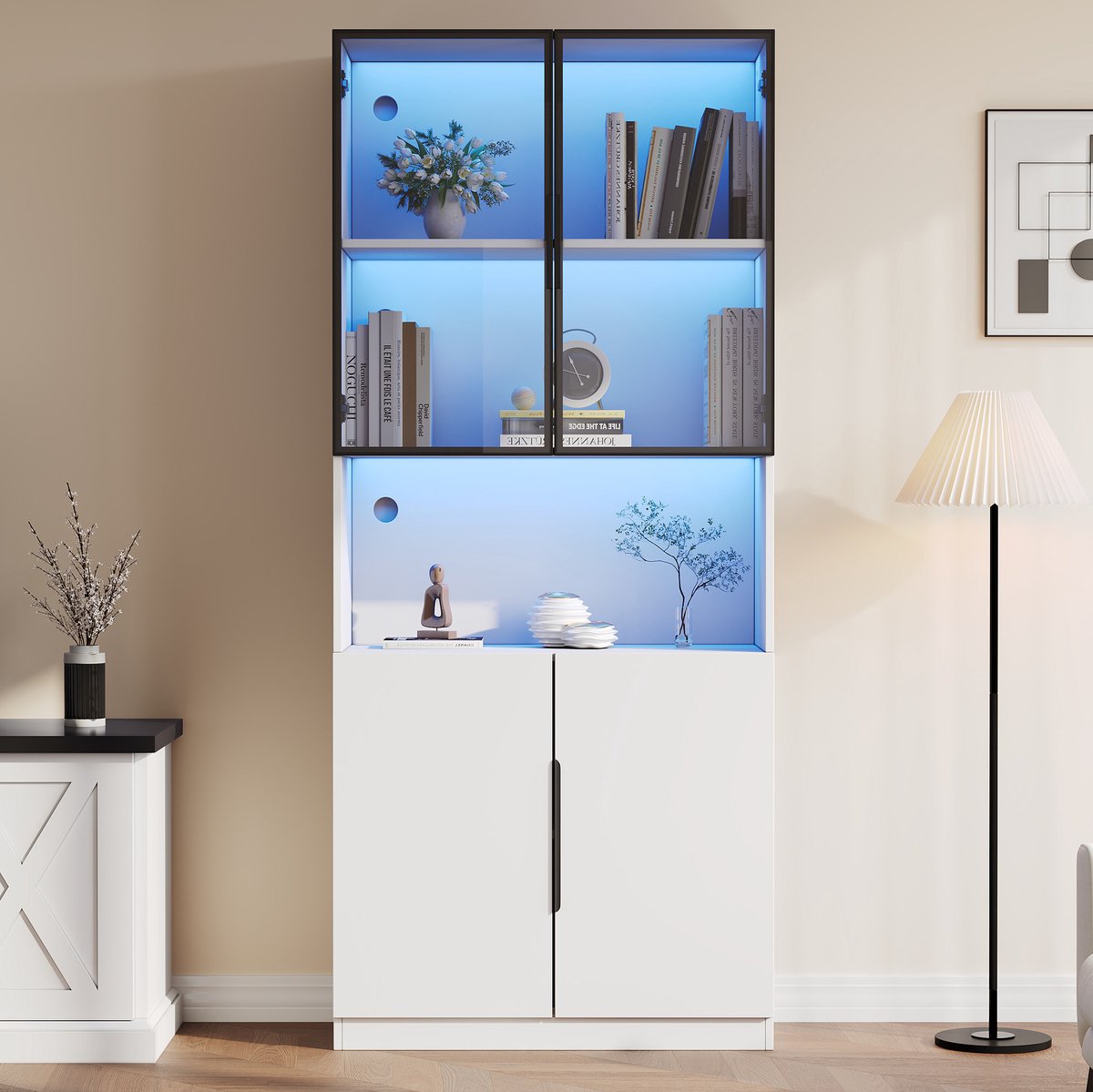 MODENUIT Vitrinekast - LED-Verlichting Met Glazen Deuren - Voor Woonkamer - Spaanplaat Wit - 80x30x200 Cm