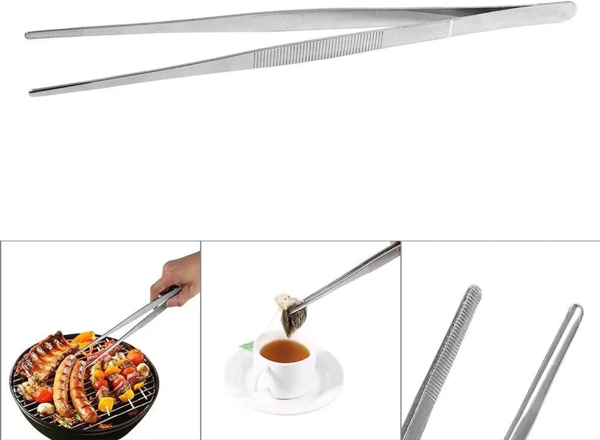 304# 30cm rechte roestvrijstalen kookpincet, 30cm lang, barbecuepincet - barbecuevleespincet, keukenpincet en nijptang, kan worden gebruikt als barbecuetang, vleesflipper, vleespincet.